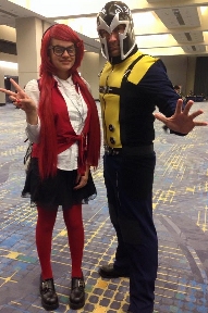 Mya at C2E2 2015, cosplaying as Grell Sutcliff from  Black Butler, with Magnito from X-Men